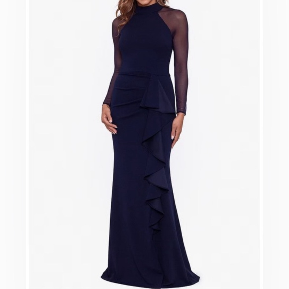 Mock Neck Illusion Long Sleeve Ruffled Scuba Crepe Mesh Gown